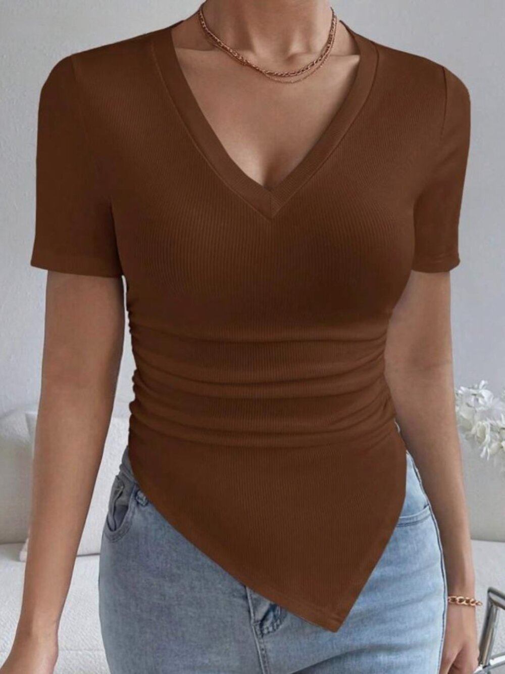 Brown Ruched Side Hanky Hem Tee